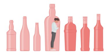 Şişede kapana kısılmış umutsuz depresyondaki kadın: alkol bağımlılığı konsepti
