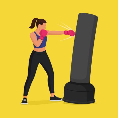 Boksör kadın kum torbasına vurup spor yapıyor. Dövüş sporları ve kararlılık kavramı.