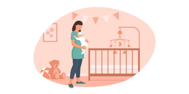 Mutlu anne bebeğini yatak odasında tutuyor: ilgi ve aile kavramı