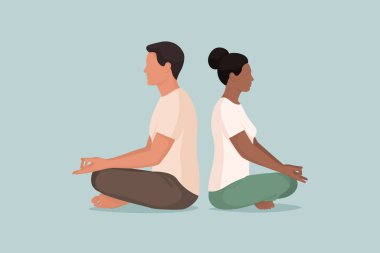 Çok ırklı çift birlikte meditasyon, farkındalık ve rahatlama konsepti yapıyor.