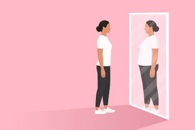 Kadın aynaya bakar ve kendini aşırı kilolu olarak görür: yeme bozuklukları ve iştahsızlık konsepti.