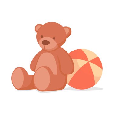 Yumuşak oyuncak ayı peluş ve top, çocukluk ve oyuncaklar konsepti