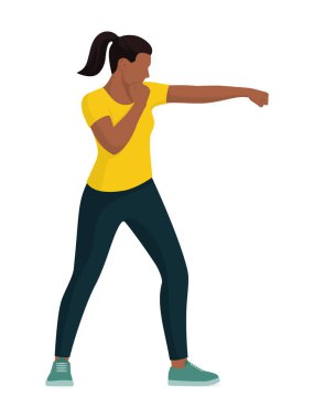 Kendine güvenen güçlü bir kadın yumruk atıyor, dövüşüyor ve kendini savunuyor.