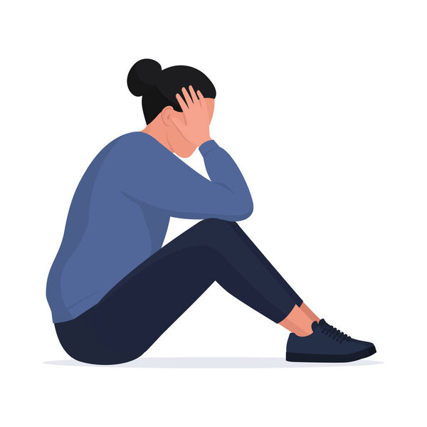 Грустная беспокойная женщина сидит и думает головой в руках, изолированный