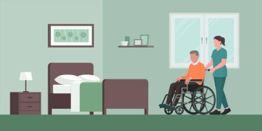 Tekerlekli sandalyedeki kıdemli adam ve bakıcı.