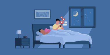 Adam gece sosyal medyada akıllı telefonunu kullanıyor karısı uyurken, internet bağımlılığı ve ilişki sorunları kavramı