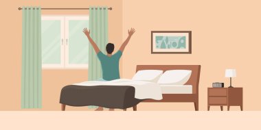 Mutlu bir adam sabah uyanır, yatakta oturur ve kollarını uzatır.
