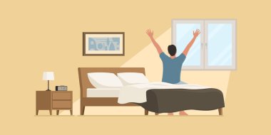 Mutlu adam sabah erken kalkar, yatakta oturur ve pencereden dışarı bakarken kollarını uzatır.