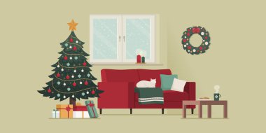 Oturma odasının içinde Noel süsleri ve hediyeleri, ev dekorasyonu ve yaşam tarzı konsepti var.