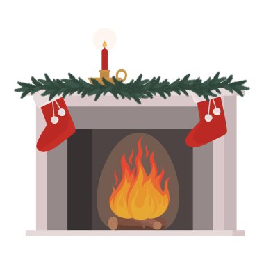 Şöminede ateş ve Noel süslemeleri, tatiller ve kutlamalar konsepti