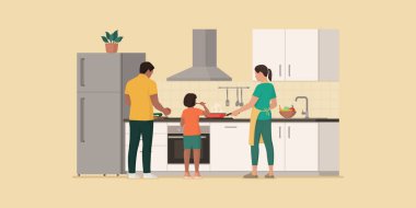 Mutlu ve çocuklu bir aile mutfakta sağlıklı yemekler pişiriyor.