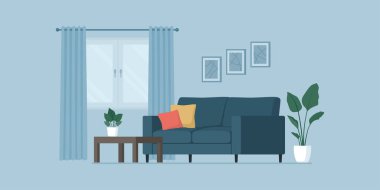 Çağdaş oturma odasının içinde kanepe, bitkiler ve dekorasyonlar; iç tasarım konsepti