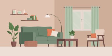 Çağdaş oturma odasının içinde kanepe, bitkiler ve dekorasyonlar; iç tasarım konsepti