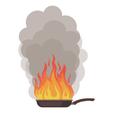 Ev kazası: kızartma tavasında yanan yiyecekler, beyaz arka planda izole edilmiş.