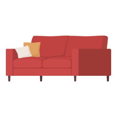 Yastıklı rahat kırmızı kanepe, ev dekoru konsepti, izole edilmiş.