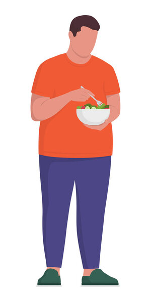 Isolated obese man eating a salad, weight loss and diet concept