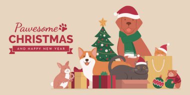 Happy pets celebrating Christmas together: they are posing, playing with gifts and decorations, banner with copy space clipart