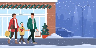 Mutlu bir aile birlikte Noel alışverişi yapıyor, sokakta yürüyorlar ve ellerinde alışveriş çantaları, tatil indirimi konsepti, fotokopi alanı tutuyorlar.