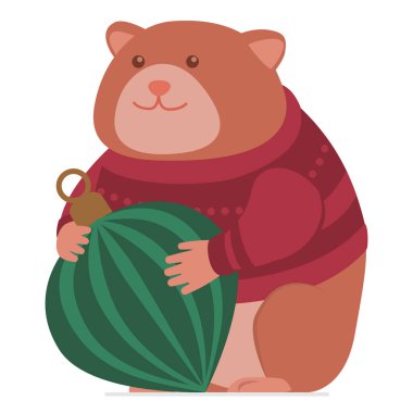 Kış süveteri giyen ve elinde bir Noel balosu tutan komik bir hamster.