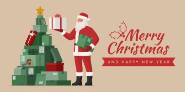 Mutlu Noel Baba ve teslimat kutuları Noel ağacı şeklinde düzenlenmiş, Noel dilekleri ile pankart