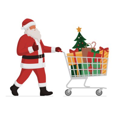 Mutlu Noel Baba hediyelerle dolu bir süpermarketi itiyor ve başparmak kaldırıyor, tatil indirimi konsepti, izole edilmiş.
