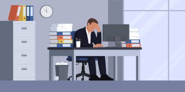 Ofis masasında oturan ve yalnız çalışan umutsuz iş adamı: iş başarısızlığı ve tükenme kavramı