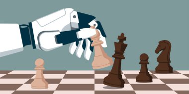 Satranç oynayan ve oyunu kazanan insansı yapay zeka ve oyun konsepti