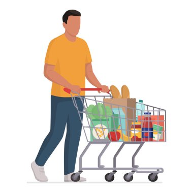 Alışveriş arabasını iten bir adam alışveriş arabasıyla yürüyor, izole bir şekilde.