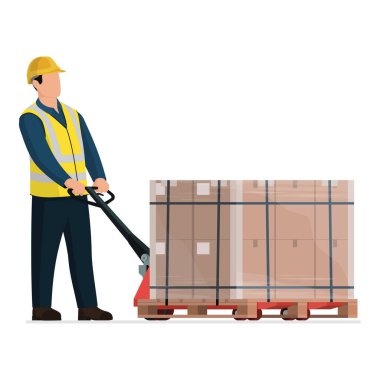 Depo çalışanı kutuları bir palet krikosuyla taşıyor.