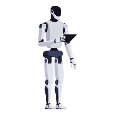 Bir tablet kullanan yapay zeka robotu ve izole edilmiş izleme süreci.