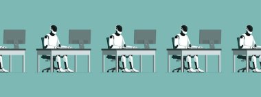Pek çok etkin insansı robot masalarda oturuyor ve çalışıyor, tekrarlanan görevler ve yapay zeka kavramı