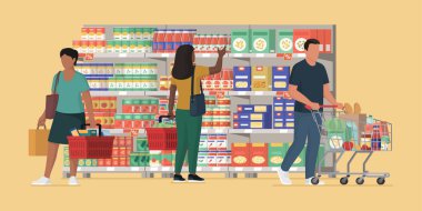 Süpermarketten alışveriş, ticaret ve gıda perakende konsepti satın alan müşteriler