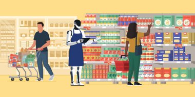Süpermarketten alışveriş yapan insanlar ve borsa memuru ve tezgahtar olarak çalışan insansı robotlar: Perakende konseptinde yapay zeka ve robotik