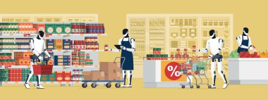 Marketteki insanımsı robotlar, market alışverişi yapıyorlar ve tezgahtar ve borsa memuru olarak çalışıyorlar.