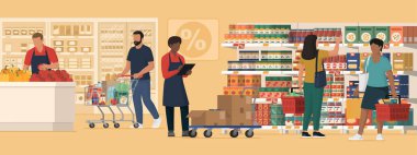 Süpermarketten alışveriş yapan müşteriler ve malları kontrol eden işçiler: ticaret ve gıda perakende kavramı