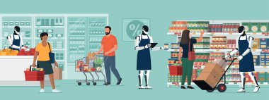 Süpermarketten alışveriş yapan insanlar ve borsa memuru ve tezgahtar olarak çalışan insansı robotlar: Perakende konseptinde yapay zeka ve robotik