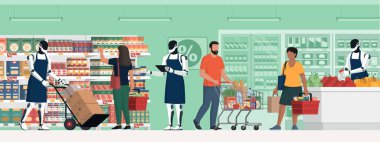 Süpermarketten alışveriş yapan insanlar ve borsa memuru ve tezgahtar olarak çalışan insansı robotlar: Perakende konseptinde yapay zeka ve robotik