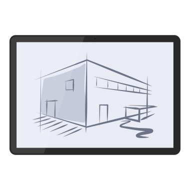 Dijital tablet, yapı ve inşaat konsepti üzerine modern mimari taslak