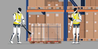 Depoda çalışan otomatikleştirilmiş insansı robotlar kutuları taşıyorlar ve siparişleri kontrol ediyorlar: yapay zeka ve robot konsepti.
