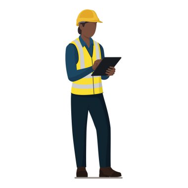 Depo çalışanı emirleri uyguluyor. Güvenlik kaskı ve güvenlik yeleği giyiyor.