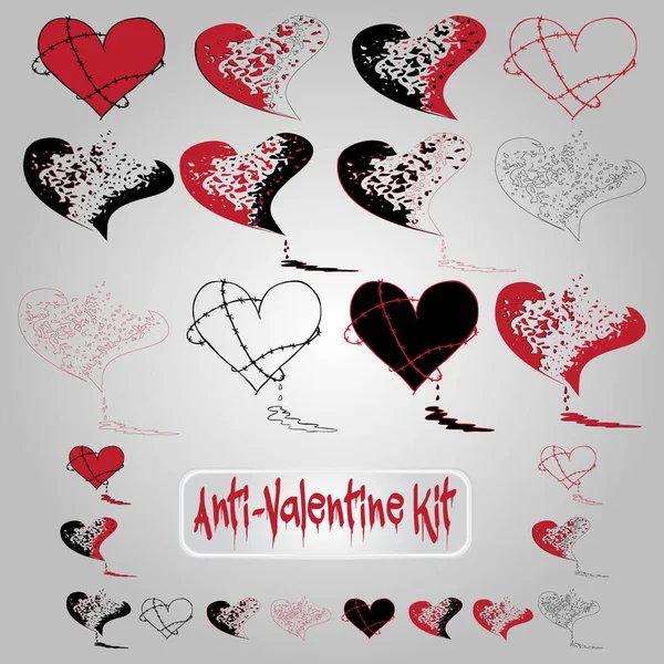 Anti-Sevgililer Günü seti. Kırık, Kanayan Kalp ikonu. Valentines hisse senedi vektörü için el çizimi simgeleri ve çizimler