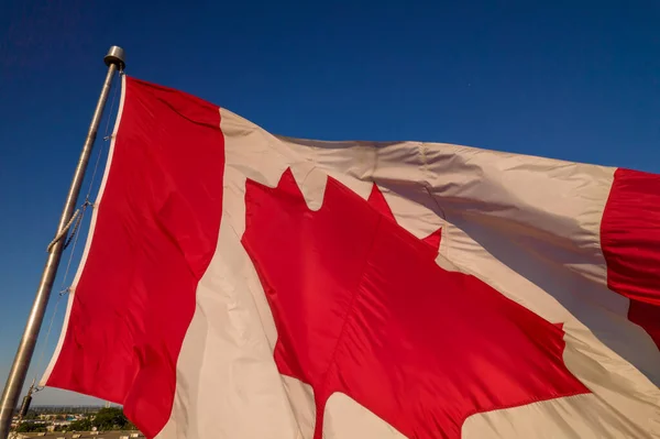 Yazın mavi gökyüzünde dalgalanan Kanada bayrağı. Kanada bayrağı rüzgarda dalgalanıyor, filtresiz ve doğal ışıklandırma. Kuzey Amerika, Kanada.