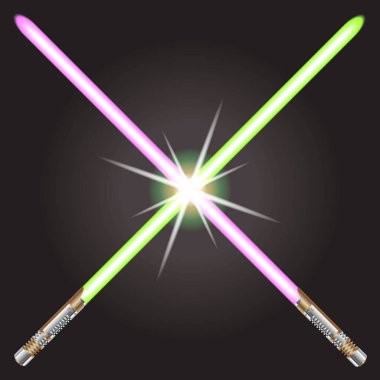 Çapraz ışın kılıçları ve kıvılcım. Bilim kurgu lazer ışını, Metal efektli enerji kılıçları. Gelecekçi bilim kurgu enerji silahları, tasarım projeleri için lazer kılıcı. Vektör koyu arkaplanda izole edilmiş.