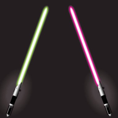 Işın kılıçları. Gerçekçi parlak renkli bilim kurgu lazer ışını, parlak kılıç karanlık arka plan. Fantezi enerji kılıcı. Projeleriniz için vektör illüstrasyonu, tasarım ögeleri.