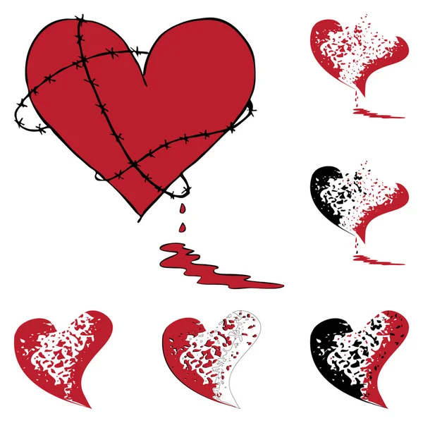 Conjunto Ícones Emo Corações Quebrados Sangrentos Ícones Desenhados Mão Ilustrações — Vetor de Stock