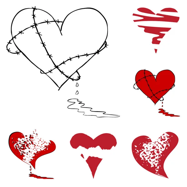 Conjunto Ícones Corações Quebrados Sangrentos Ícones Desenhados Mão Ilustrações Para — Vetor de Stock