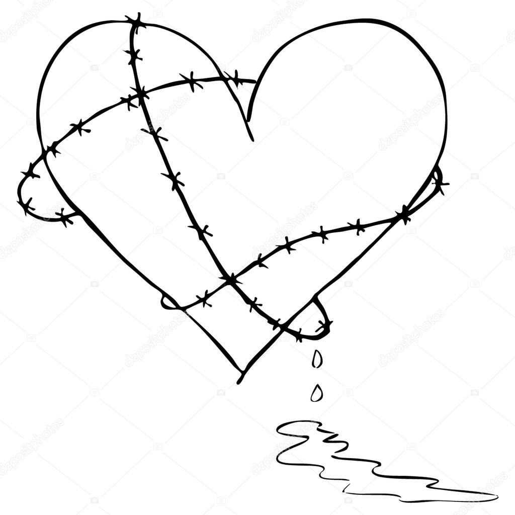 Broken Bleeding Heart Icon, hand drawn symbol for valentines day.  Anti valentine tattoo or t-shirt illustration. Isolated vector