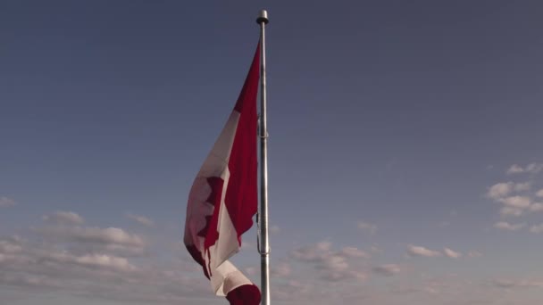 ポール スロー ムーブメントにカエデの葉を持つカナダの旗 カナダの旗は夏の青空に向かって飛んでいる 風になびくカナダ国旗 — ストック動画