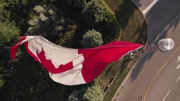 Canadese Vlag Bij Wind Blauwe Bewolkte Hemel Gouden Uur Zon — Stockvideo