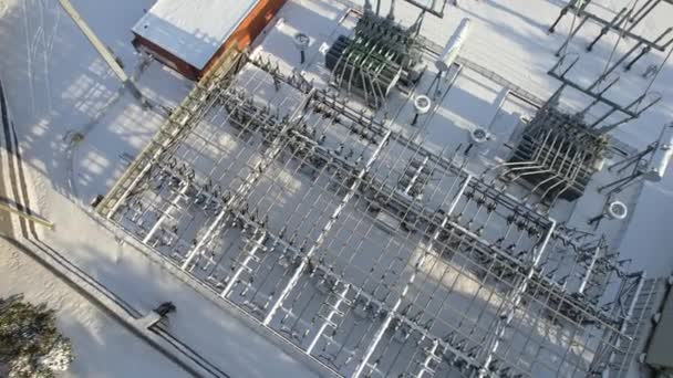 Subestación Eléctrica Red Eléctrica Líneas Eléctricas Cables Alta Tensión Invierno — Vídeos de Stock